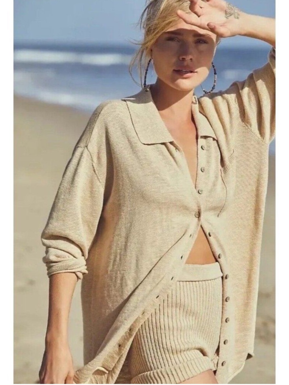 Free People Beach Zuma Sweater Size Medium Button Down Shirt Top Linen Blend